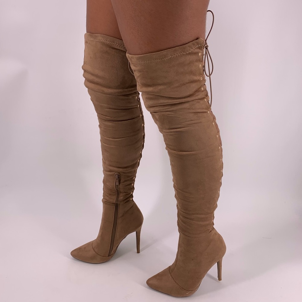 Stretchy Over the Knee Lace Up Boots in Taupe - Picture 11 of 14